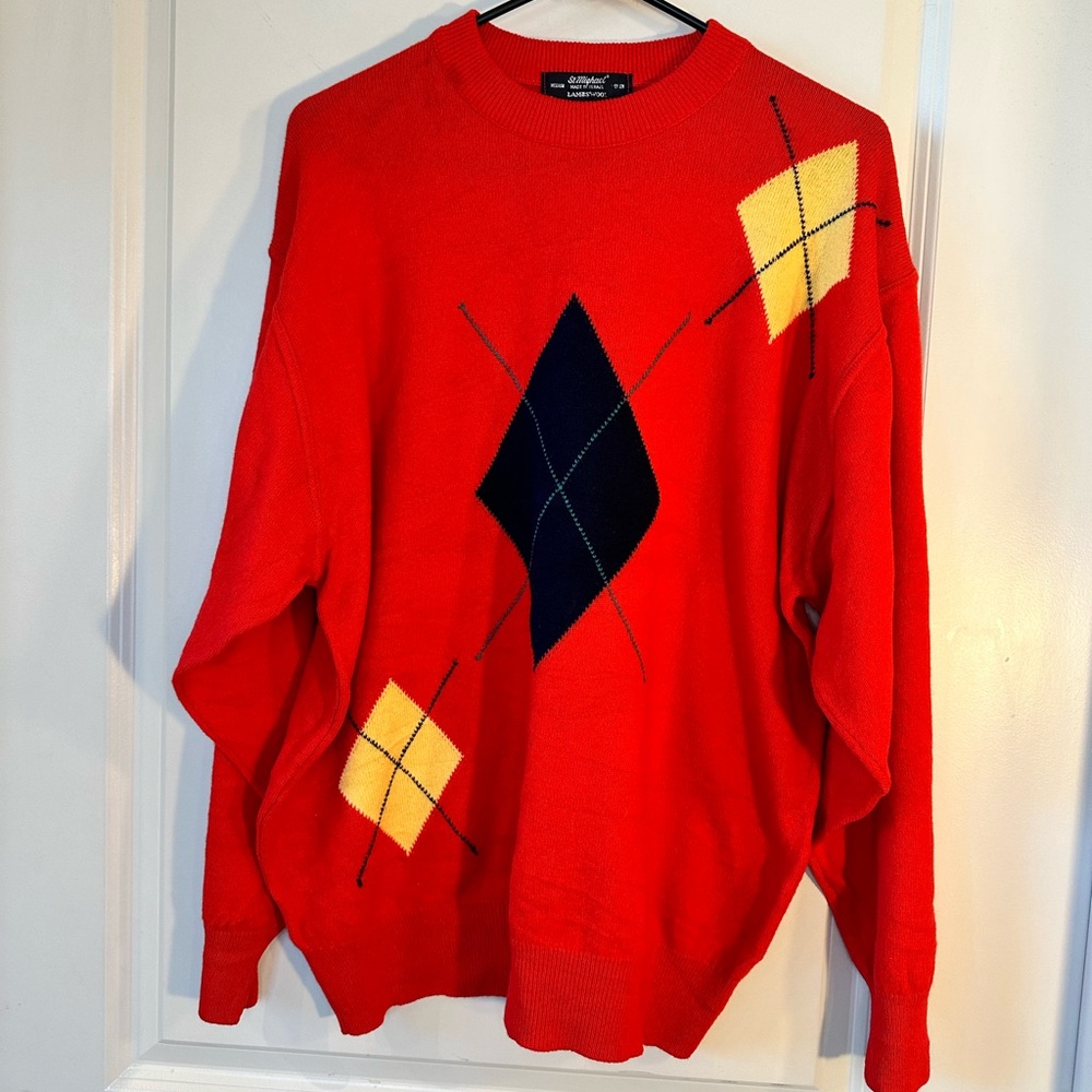 Vintage 80’s St.Michael Red Argyle 10o% Lambswool Sweater, Size Medium